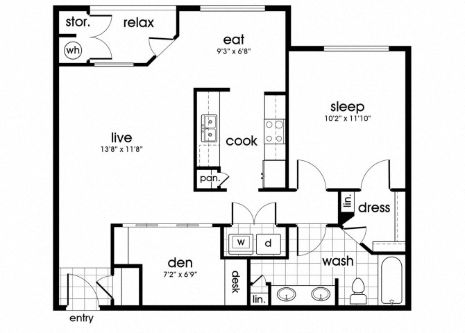 Floor plan for 1 bed, 1 bath, 954 sqft