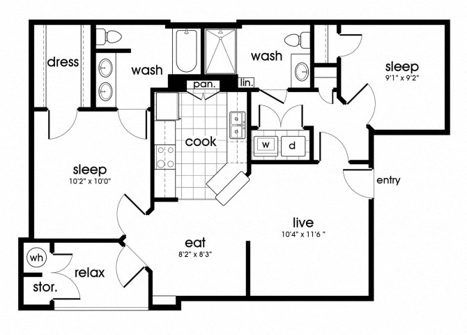 Floor plan for 2 beds, 2 baths, 942 sqft