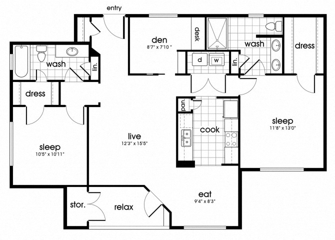 Floor plan for 2 beds, 2 baths, 1162 sqft