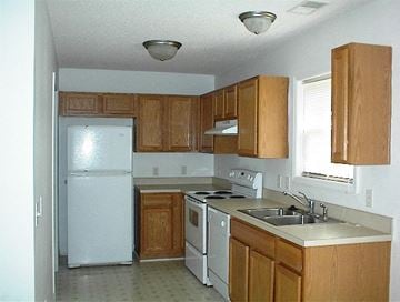 Beaufort - Coming Available 7/15/26 apartment for rent - a kitchen with a white refrigerator and a sink