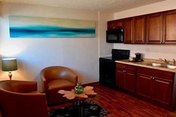 Hilo apartment for rent - a kitchen and living room with a table and chairs