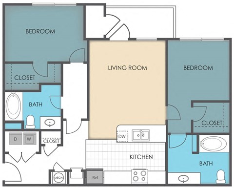 Floor plan for 2 beds, 2 baths, 1107 sqft