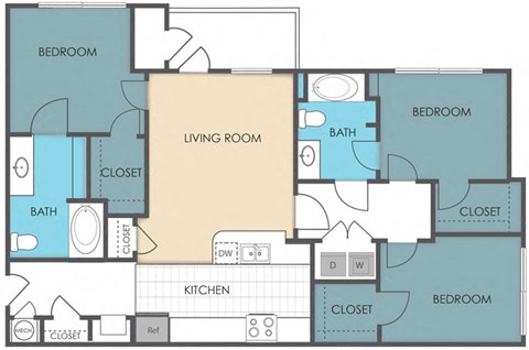 Floor plan for 3 beds, 2 baths, 1281 sqft