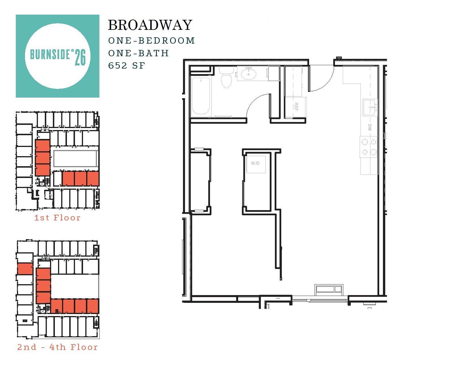 Floor plan for 1 bed, 1 bath, 652 sqft