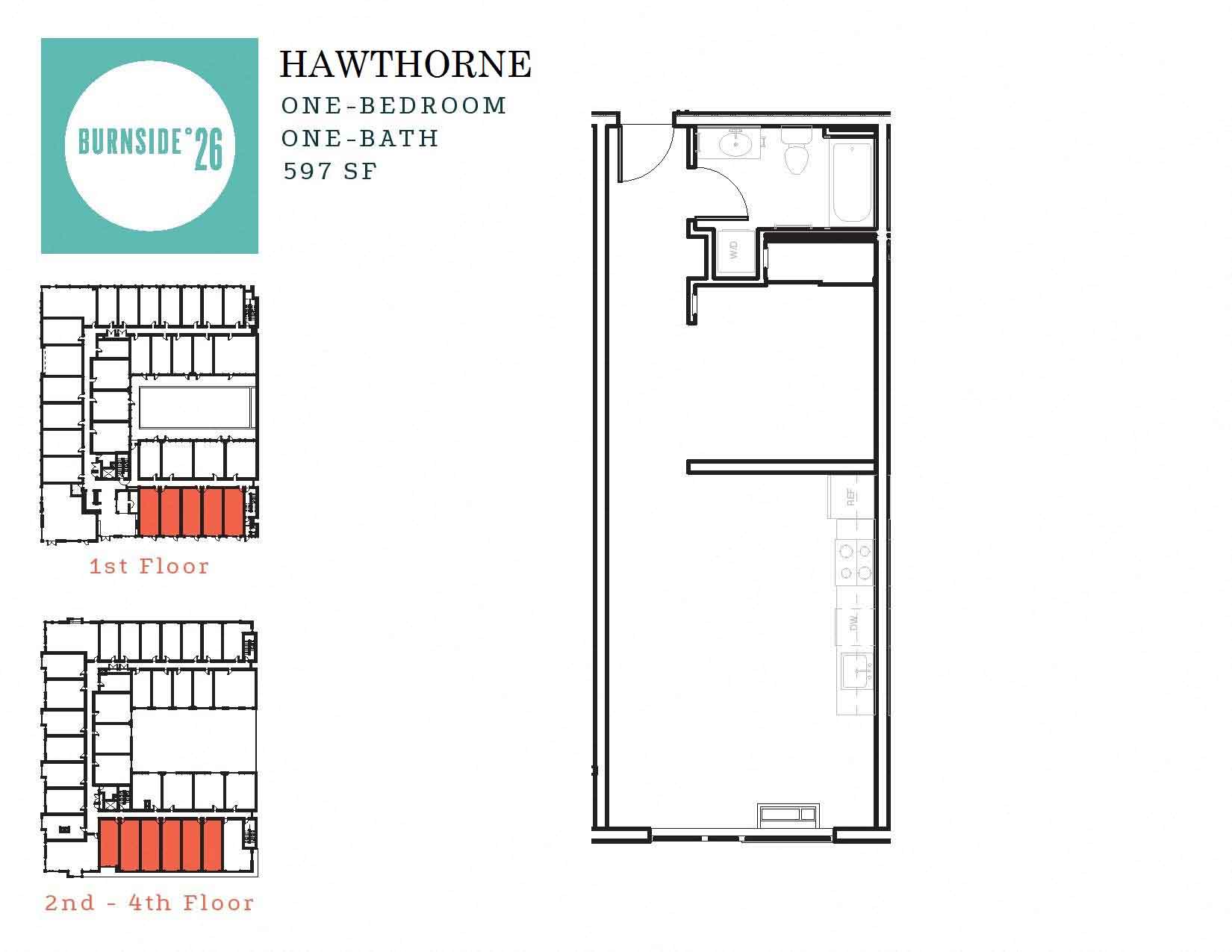 Floor plan for 1 bed, 1 bath, 597 sqft