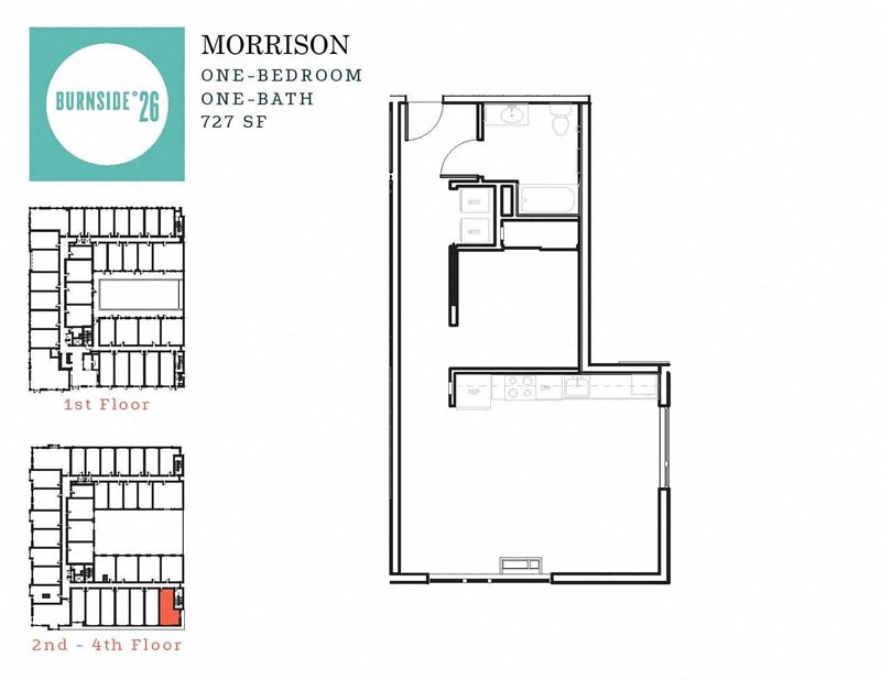 Floor plan for 1 bed, 1 bath, 727 sqft