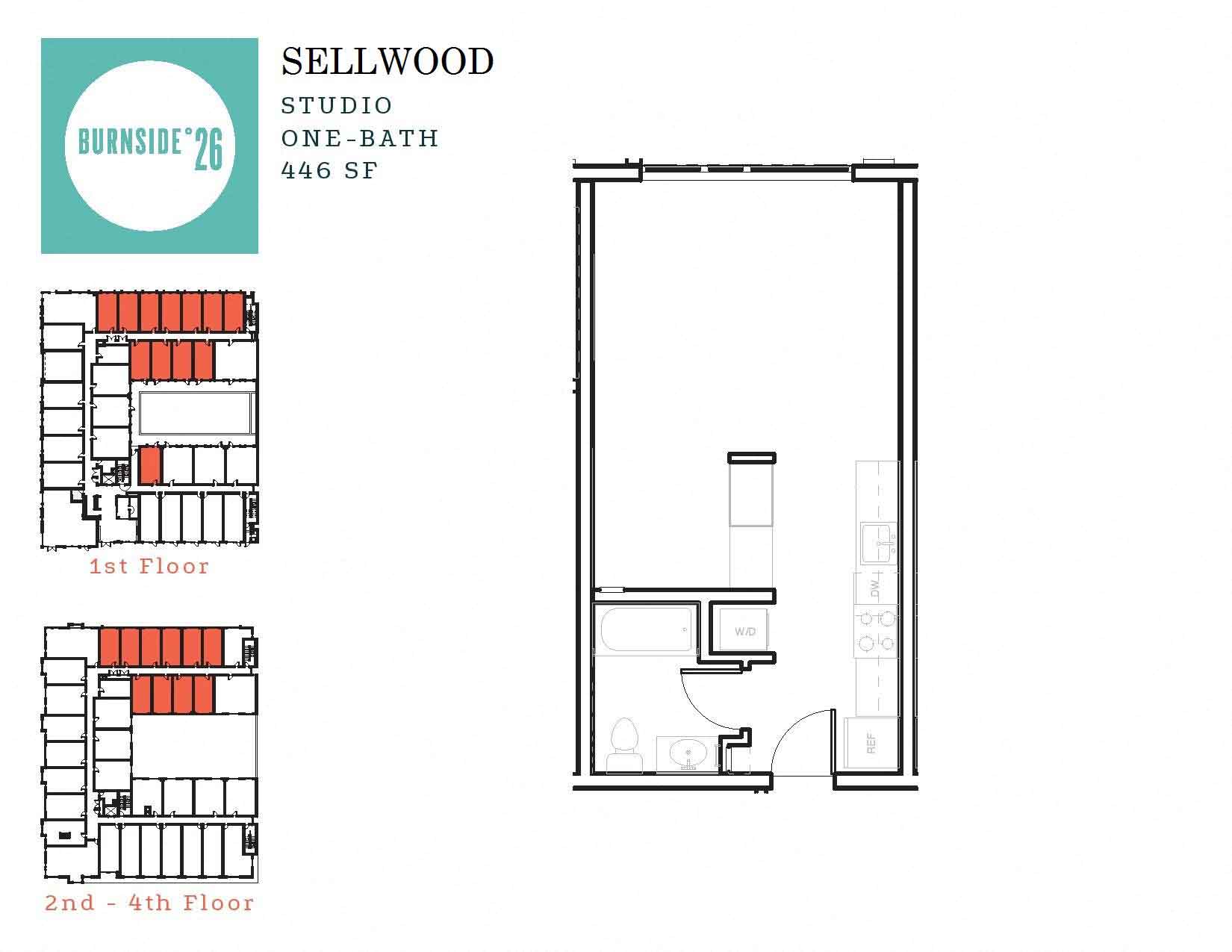 Floor plan for 1 bed, 1 bath, 446 sqft