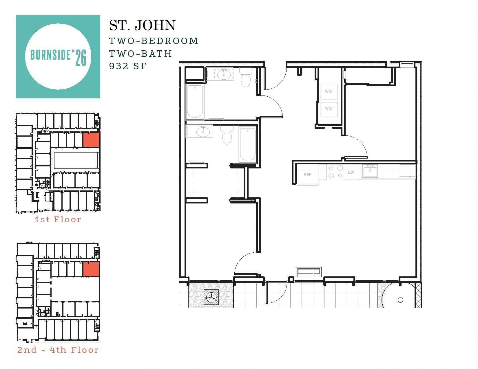 Floor plan for 2 beds, 2 baths, 932 sqft