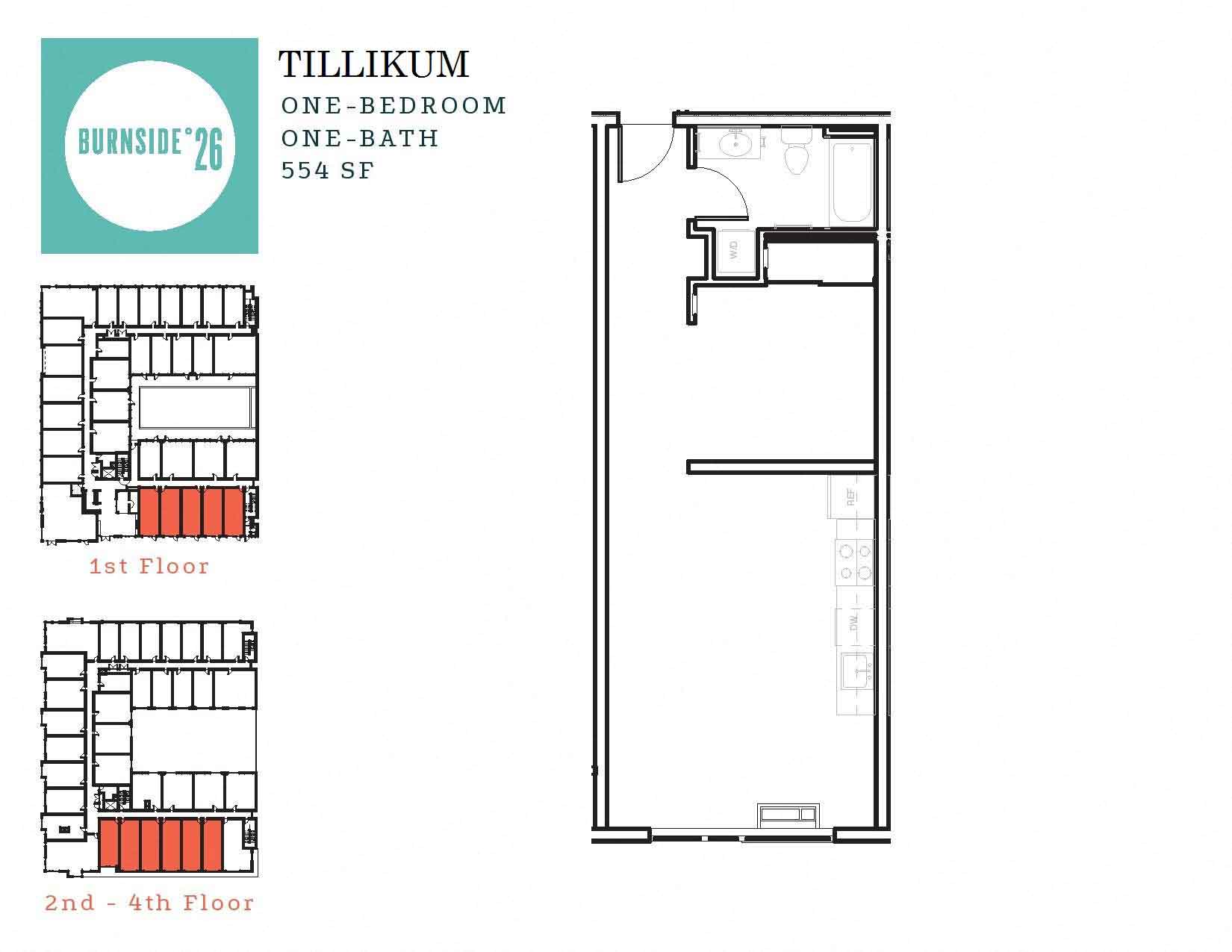 Floor plan for 1 bed, 1 bath, 554 sqft