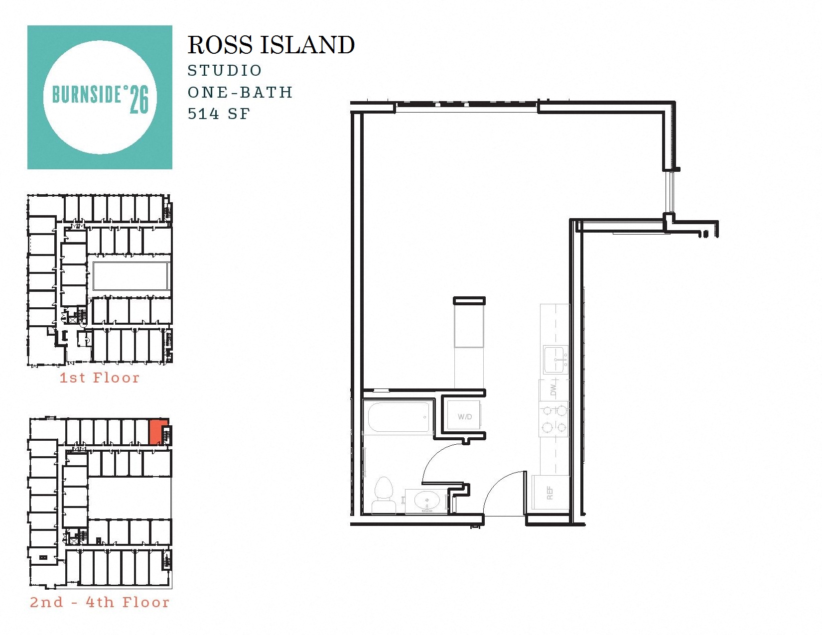 Floor plan for 1 bed, 514 sqft