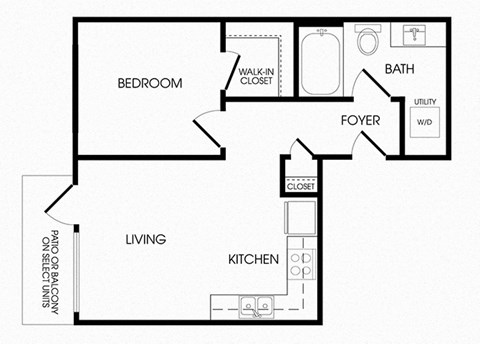 Floor plan for 1 bed, 1 bath, 522 sqft