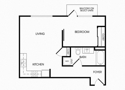 Floor plan for 1 bed, 1 bath, 684 sqft
