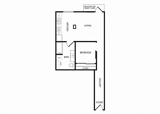Floor plan for 1 bed, 1 bath, 669 sqft