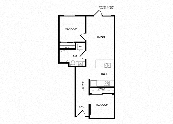 Floor plan for 2 beds, 1 bath, 753 sqft