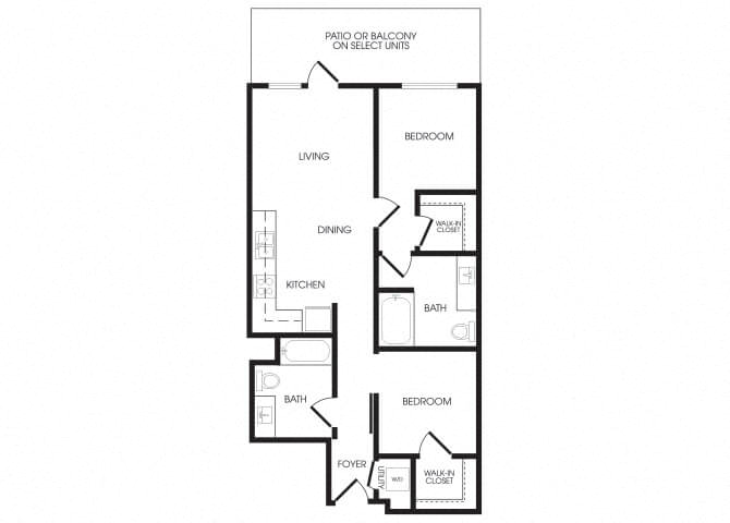 Floor plan for 2 beds, 2 baths, 832 sqft