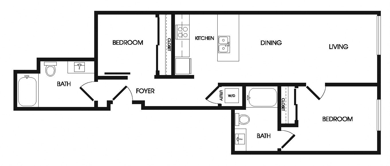 Floor plan for 2 beds, 2 baths, 887 sqft