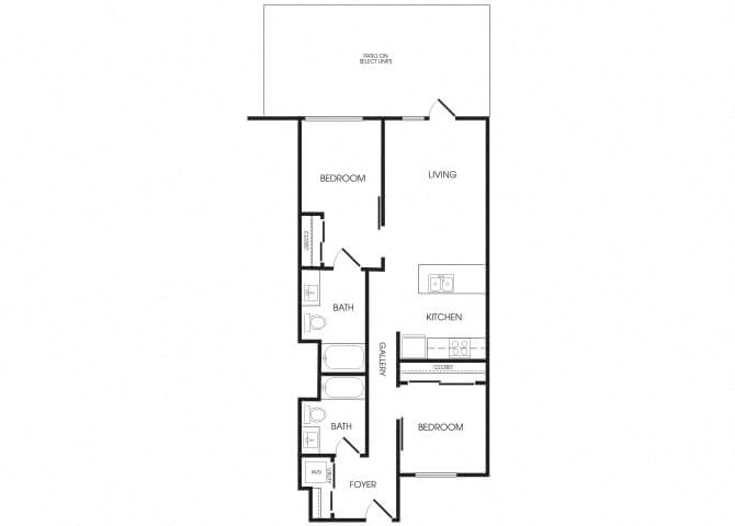 Floor plan for 2 beds, 2 baths, 935 sqft