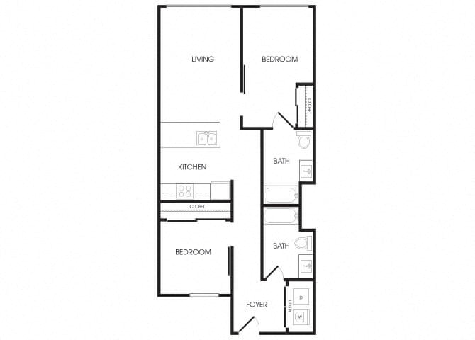 Floor plan for 2 beds, 2 baths, 931 sqft