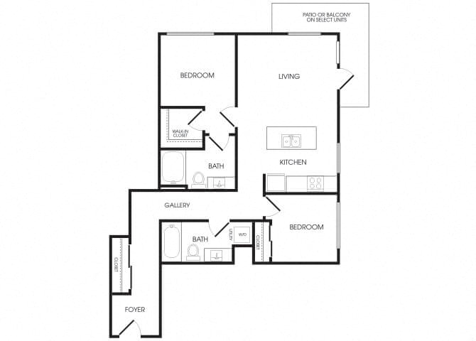 Floor plan for 2 beds, 2 baths, 1091 sqft