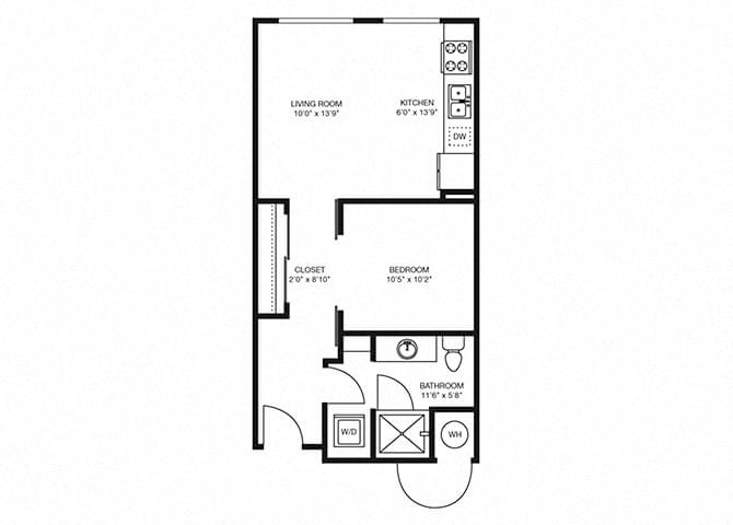 Floor plan for 1 bed, 1 bath, 634 sqft