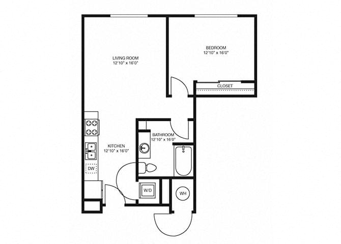 Floor plan for 1 bed, 1 bath, 683 sqft