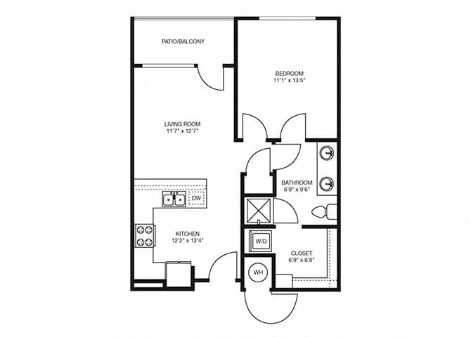 Floor plan for 1 bed, 1 bath, 686 sqft