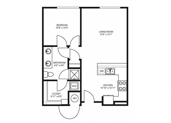 Floor plan for 1 bed, 1 bath, 700 sqft