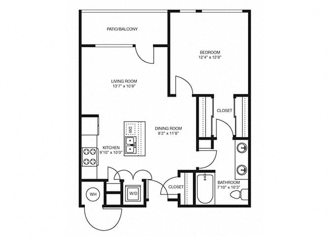 Floor plan for 1 bed, 1 bath, 777 sqft