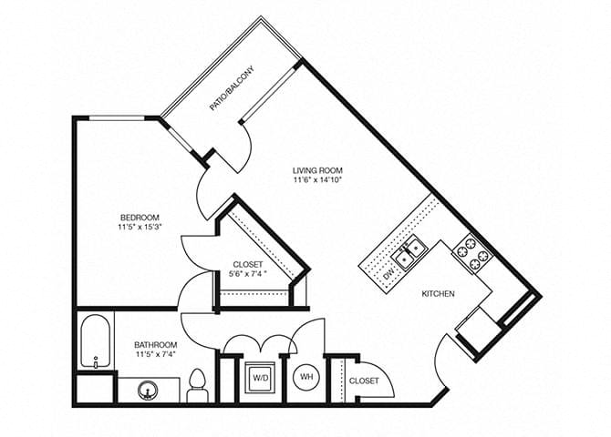 Floor plan for 1 bed, 1 bath, 794 sqft