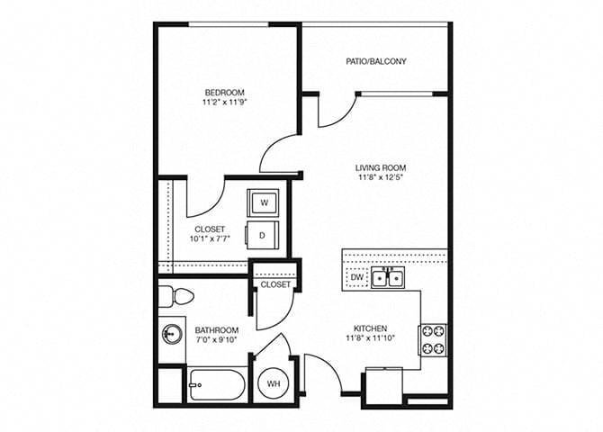 Floor plan for 1 bed, 1 bath, 686 sqft