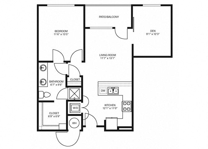 Floor plan for 1 bed, 1 bath, 813 sqft
