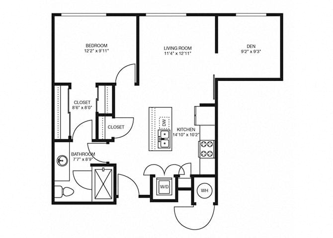 Floor plan for 1 bed, 1 bath, 794 sqft