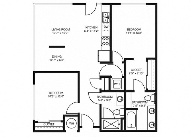 Floor plan for 2 beds, 2 baths, 1019 sqft