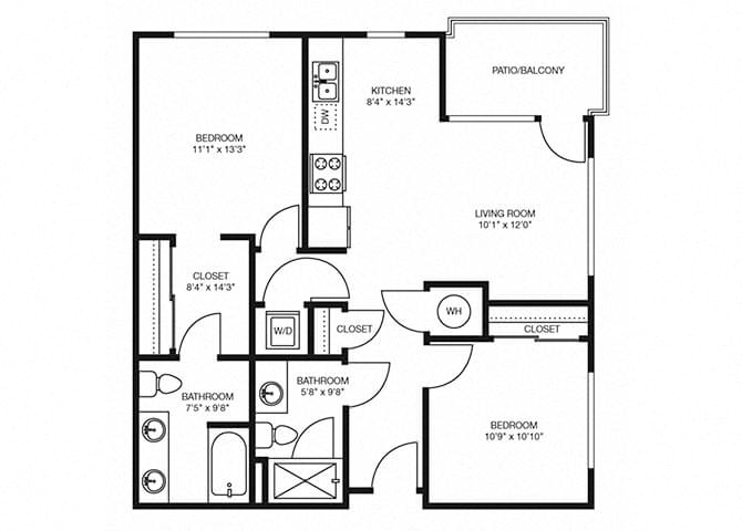 Floor plan for 2 beds, 2 baths, 961 sqft
