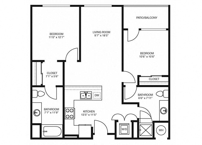 Floor plan for 2 beds, 2 baths, 967 sqft