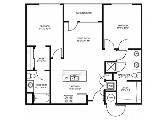 Floor plan for 2 beds, 2 baths, 1064 sqft