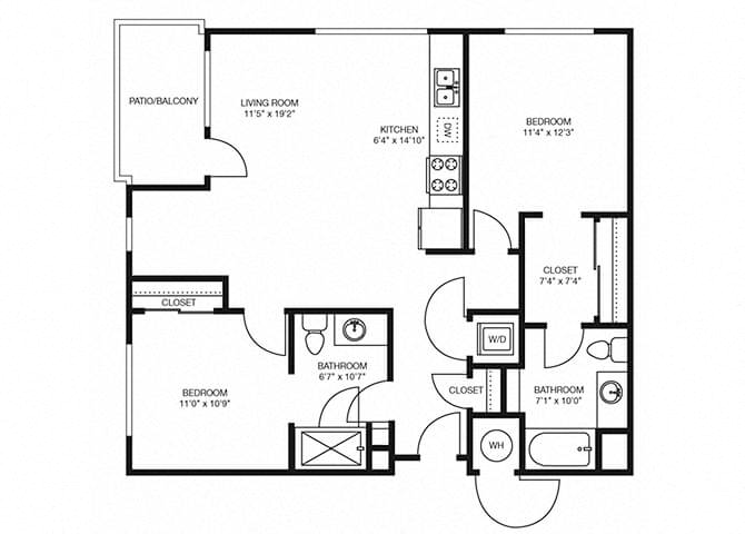 Floor plan for 2 beds, 2 baths, 1067 sqft