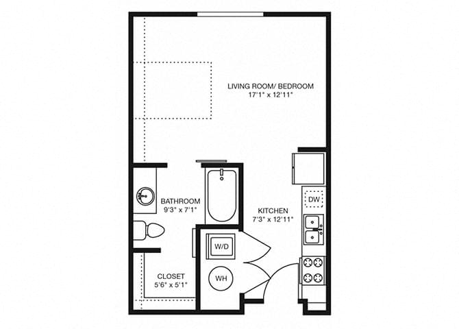 Floor plan for studio, 1 bath, 480 sqft