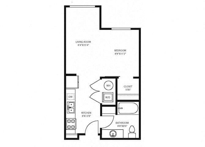 Floor plan for studio, 1 bath, 517 sqft