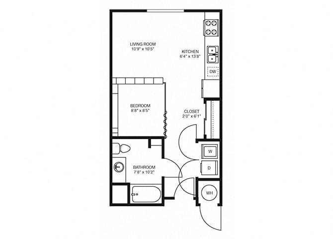 Floor plan for studio, 1 bath, 562 sqft