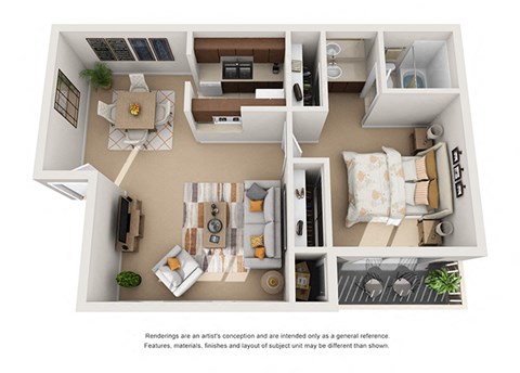 Floor plan for 1 bed, 1 bath, 612 sqft