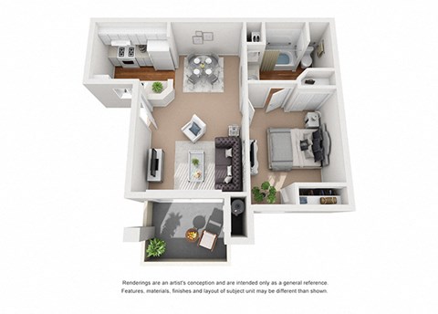 Floor plan for 1 bed, 1 bath, 598 sqft