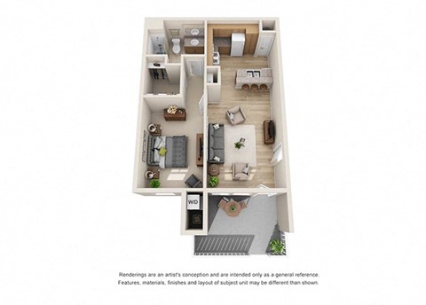 Floor plan for 1 bed, 1 bath, 684 sqft