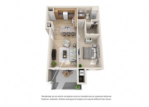 Floor plan for 1 bed, 1 bath, 714 sqft