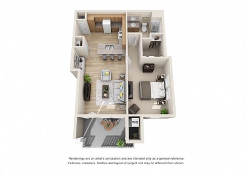 Floor plan for 1 bed, 1 bath, 732 sqft