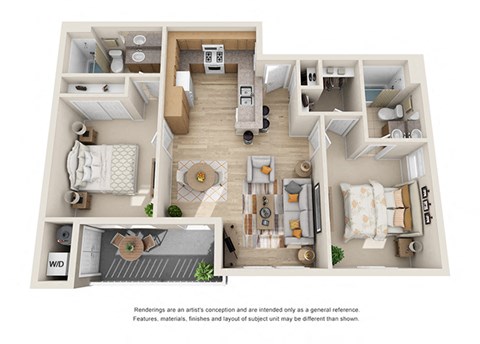 Floor plan for 2 beds, 2 baths, 859 sqft