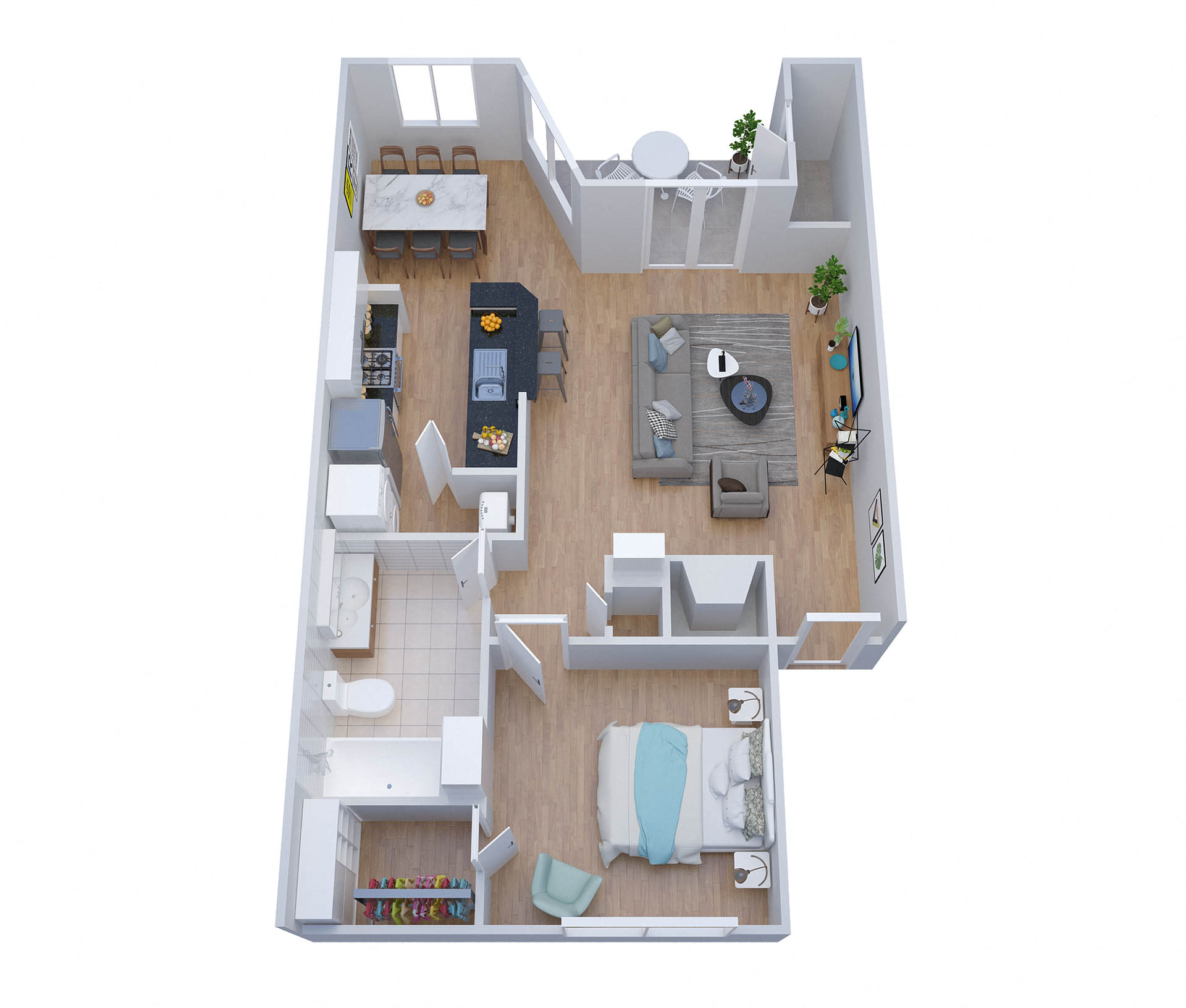 Floor plan for 1 bed, 1 bath, 735 sqft