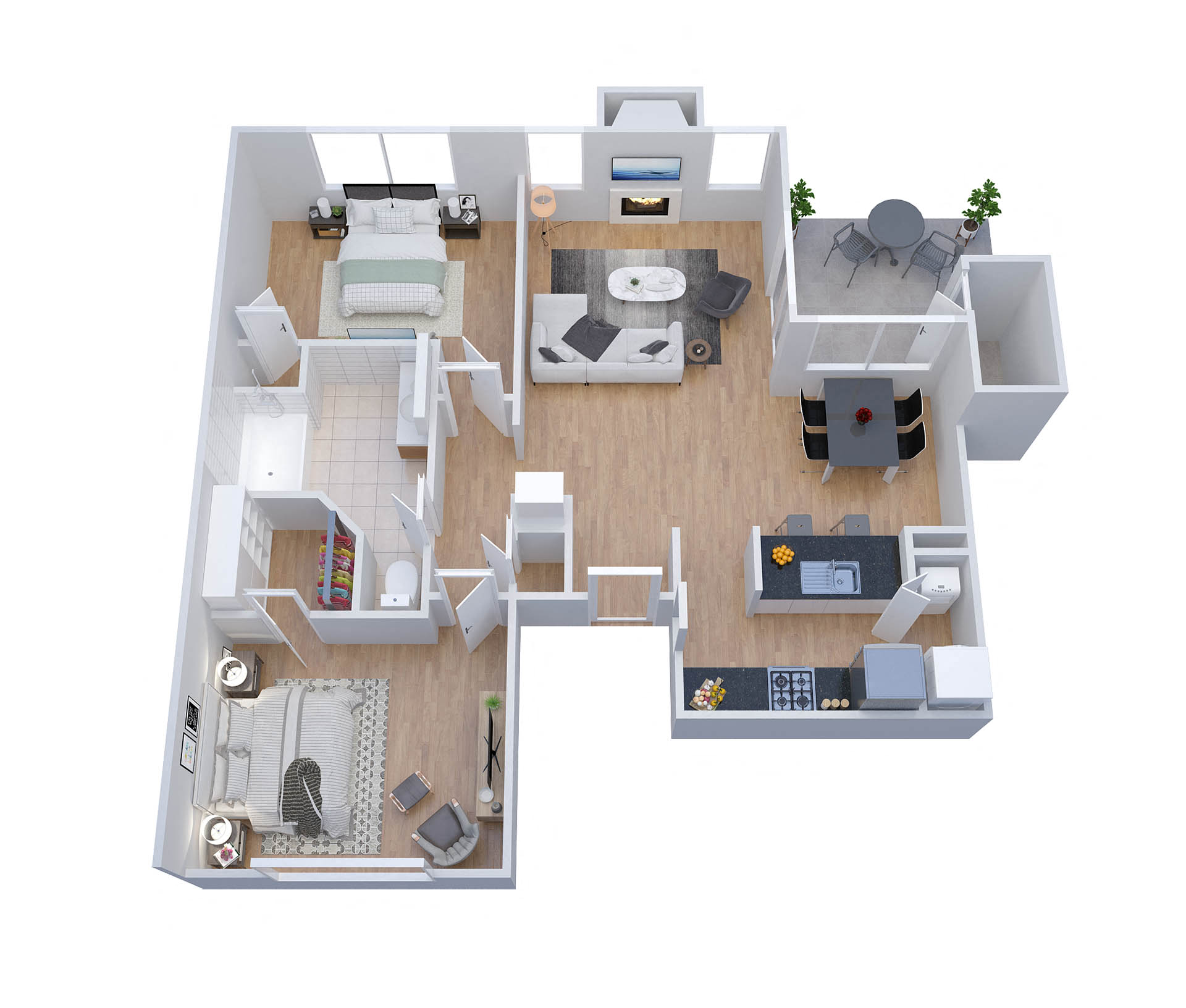 Floor plan for 2 beds, 1 bath, 870 sqft