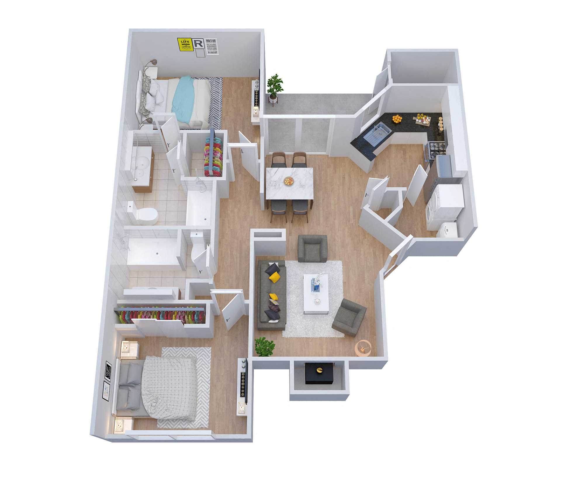 Floor plan for 2 beds, 2 baths, 955 sqft