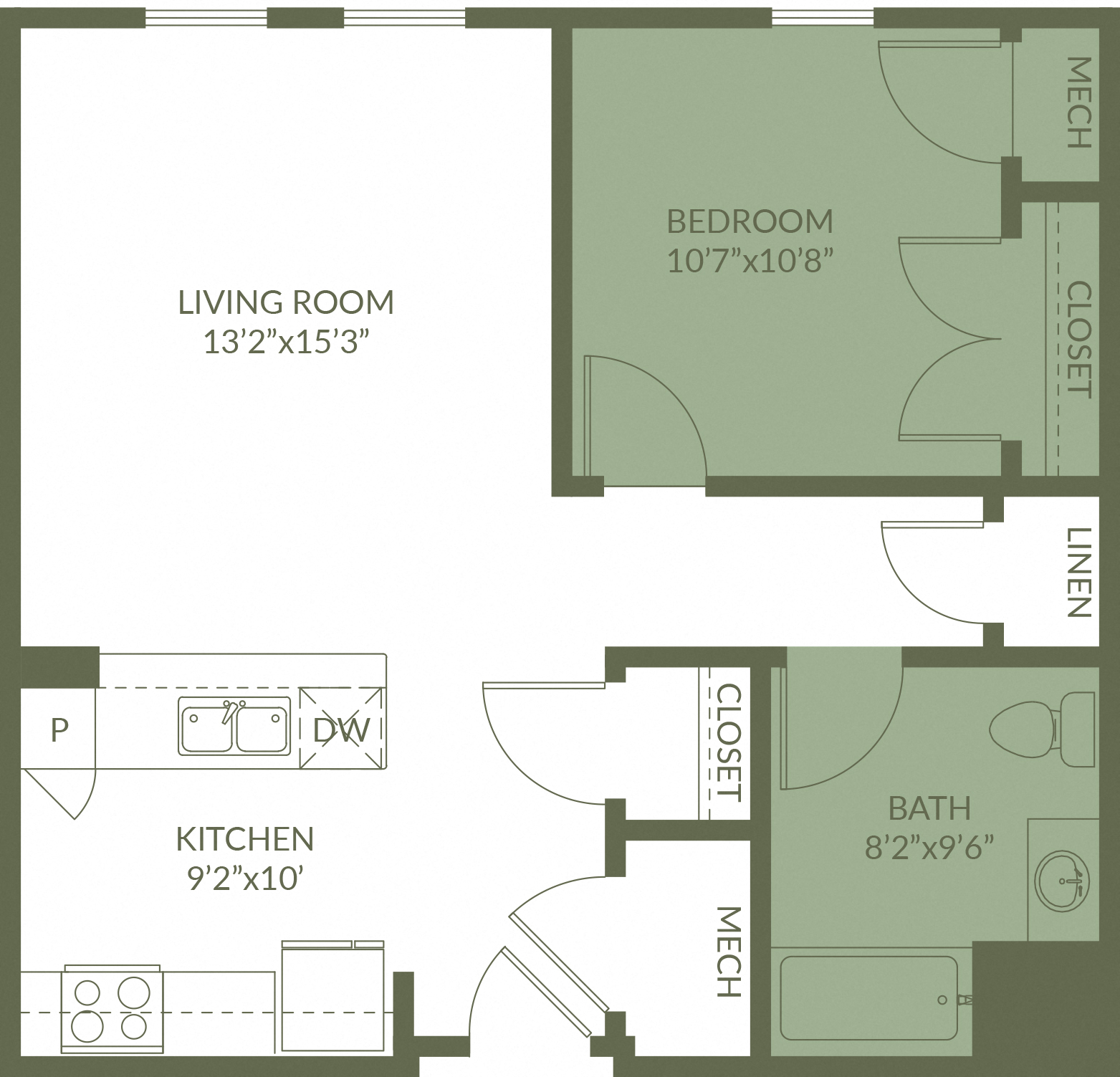 Floor plan for 1 bed, 1 bath, 706 sqft